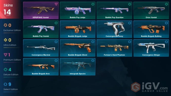 EU 14 skins | XERØFANG Vandal | Bubble Pop Vandal | Orion Vandal | Bubble Pop Guardian | Bubble Pop Judge | Bumble Brigade Ares | V0383