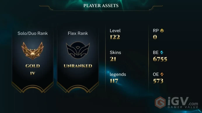  ME  21 SKINS  GOLD 4  117 CHAMPIONS  122 LEVEL  INSTANT DELIVERY  FULL ACCESS  Ez59s 