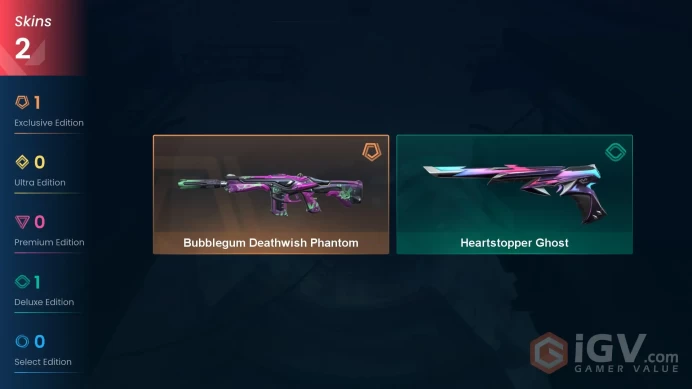  EU  2 SKINS  VALUE: 2175 VP  Bubblegum Deathwish Phantom  Heartstopper Ghost  BRONZE 3  41 LEVEL  EySSf 
