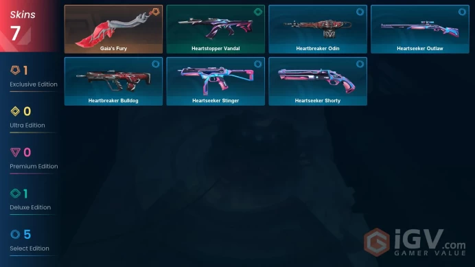  EU  1 KNIFE  7 SKINS  VALUE: 3550 VP  Gaia's Fury  Heartstopper Vandal  RANKED READY  26 LEVEL  EyjP0 