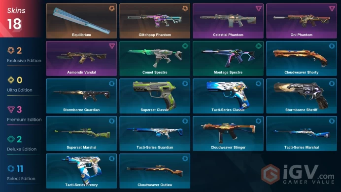 EU | 18 skins | Glitchpop Phantom | Equilibrium | Oni Phantom | Aemondir Vandal | Celestial Phantom | Comet Spectre | Montage Spectre | Q3207