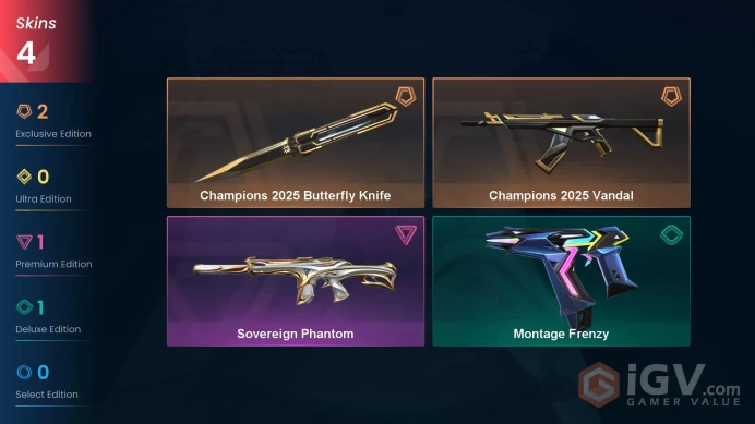 EU | 4 skins | Champions 2025 Butterfly Knife | Champions 2025 Vandal | Sovereign Phantom | Montage Frenzy | J9945