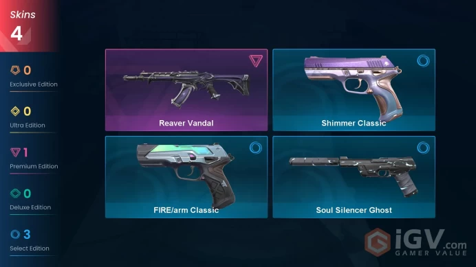 NA | 4 skins | Reaver Vandal | FIRE/arm Classic | Soul Silencer Ghost | Shimmer Classic | R8793