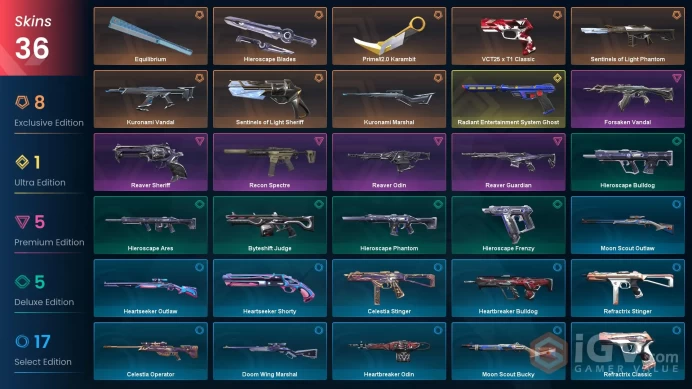 EU 36 skins | Prime//2.0 Karambit | Kuronami Vandal | Kuronami Marshal | VCT25 x T1 Classic | Radiant Entertainment System Ghost | Sentinels of