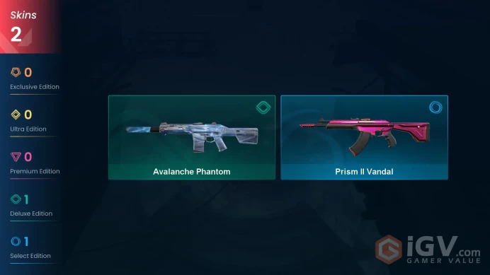  EU  2 SKINS  VALUE: 2150 VP  Avalanche Phantom  Prism II Vandal  RANKED READY  39 LEVEL  Ey865 