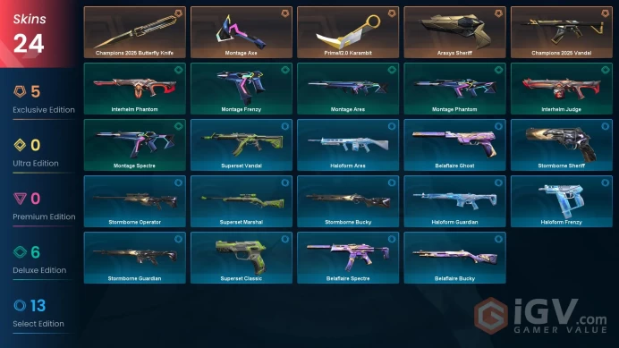 EU | 24 skins | Champions 2025 Butterfly Knife | Champions 2025 Vandal | Prime//2.0 Karambit | Montage Axe | Araxys Sheriff | Y9649