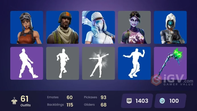 61 SKINS + MERRY MINT AXE + RENEGADE RAIDER + WARTHOG + CHAMPION KUNO + SNOWY OPS + SKULL TROOPER + CAPER + THE WIDOW + AERIAL ASSAULT TROOPER