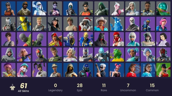 61 SKINS + MERRY MINT AXE + RENEGADE RAIDER + WARTHOG + CHAMPION KUNO + SNOWY OPS + SKULL TROOPER + CAPER + THE WIDOW + AERIAL ASSAULT TROOPER