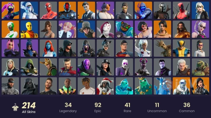 FA | 213 skins | Leviathan Axe | Gold Midas | Backlash | The Imagined | Renzo the Destroyer | Ronin | The Ageless | Mecha Cuddle Master