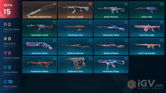EU | 15 skins | Black.Market Butterfly Knife | Divergence Vandal | Heartstopper Vandal | Solarex Phantom | Solarex Odin | O8165