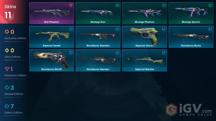 EU | 11 skins | Bolt Phantom | Montage Phantom | Montage Ares | Montage Spectre | Superset Classic | Stormborne Operator | U6510