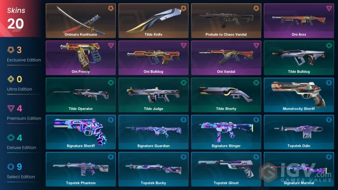 NA | 20 skins | Onimaru Kunitsuna | Prelude to Chaos Vandal | Tilde Knife | Oni Vandal | Oni Ares | Oni Bulldog | Oni Frenzy | M1678