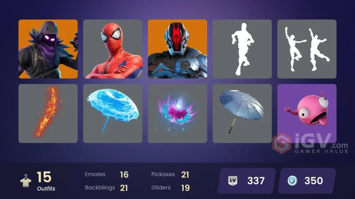 15 skins | Raven | Ravage | The Foundation | Ronin | Spider-Man | Polar Peely | Lt. John Llama | Haven | Gumbo | Shanta | Harlowe | Blizzabelle