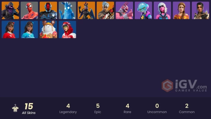 15 skins | Raven | Ravage | The Foundation | Ronin | Spider-Man | Polar Peely | Lt. John Llama | Haven | Gumbo | Shanta | Harlowe | Blizzabelle