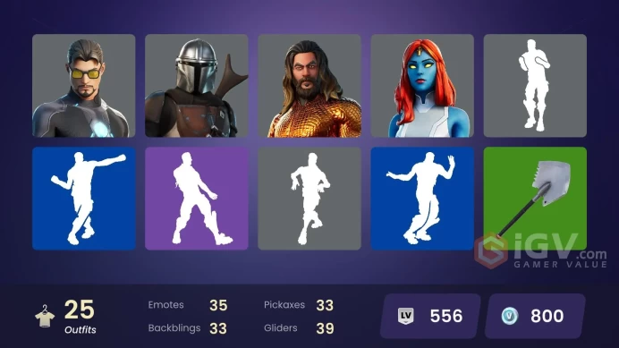 25 skins | Predator | Fade | Eternal Knight | Mandalorian | Doctor Doom | Mystique | Tony Stark | Jennifer Walters | Storm | Thor | Groot