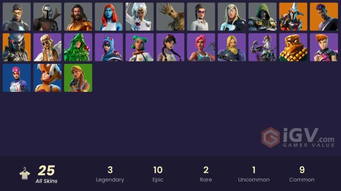 25 skins | Predator | Fade | Eternal Knight | Mandalorian | Doctor Doom | Mystique | Tony Stark | Jennifer Walters | Storm | Thor | Groot