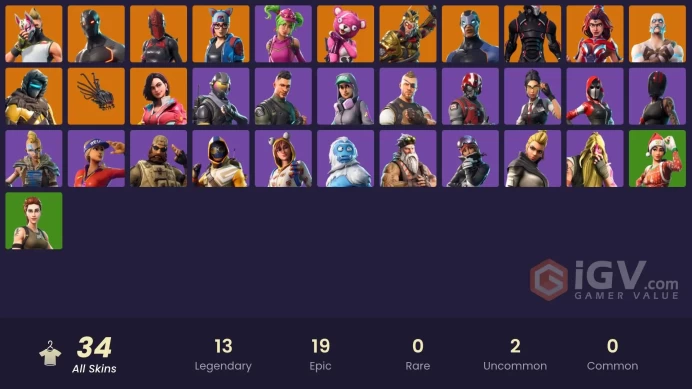 33 skins | Reaper | Omega (stage 5) | Rogue Agent | Cuddle Team Leader | Red Knight | Drift | Wukong | Zenith | Ragnarok | Sentinel | Valor