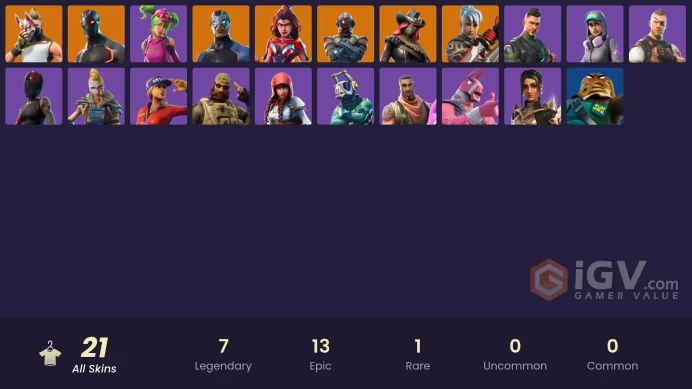 21 skins | Omega | Ronin | Valor | Calamity | Drift | The Visitor | Carbide | Fable | Sun Strider | Redline | Squad Leader | Sledgehammer