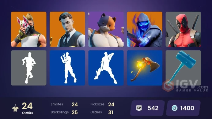 24 skins | Gold Midas | Fade | Drift | Sorana | Fusion | Gear Specialist Maya | Rippley vs Sludge | Deadpool | Lt. Evergreen | Scuba Jonesy