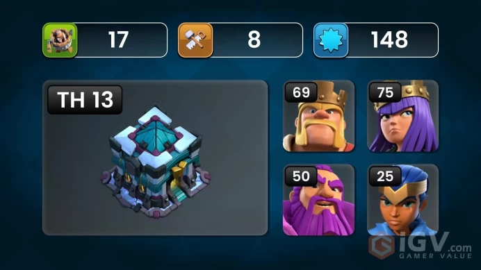 Full warranty-Secure account-Th 13 full max-level 148-Equipment Epic full-Gem 660-Magic Items-heroes 75/75/50/50/25 - Android & ios