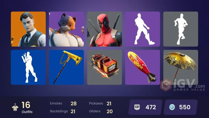 16 skins | Gold Brutus | Gold Midas | Blackheart | Gear Specialist Maya | Hybrid | Deadpool | Polar Peely | Lt. Evergreen | Meowscles