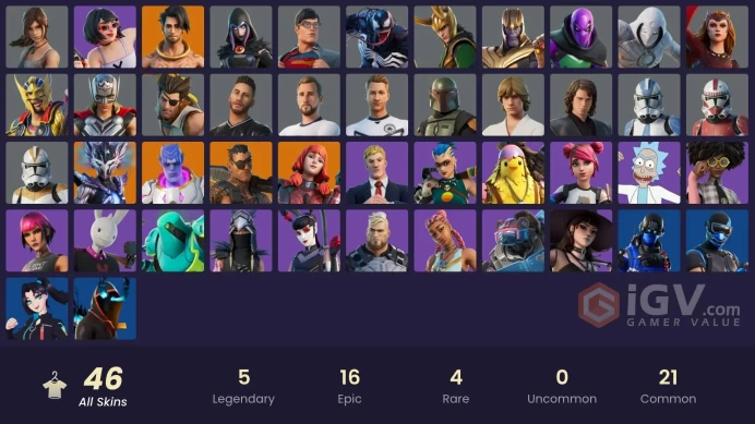 46 skins | Fixer | Carbon Commando | Spire Assassin | Kymera | The Imagined | Joey | Raz | Luke Skywalker | Anakin Skywalker | Boba Fett