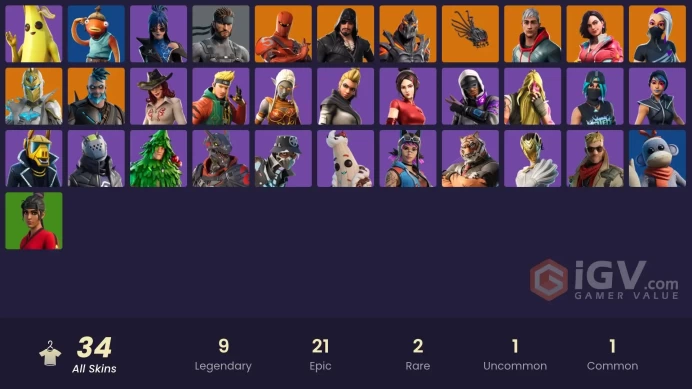 34 skins | Heron Stance Hero | Ruin | Omegarok | Rox | Sentinel | Catalyst | Blackheart | Vendetta | Spectra Knight | Hybrid | Solid Snake