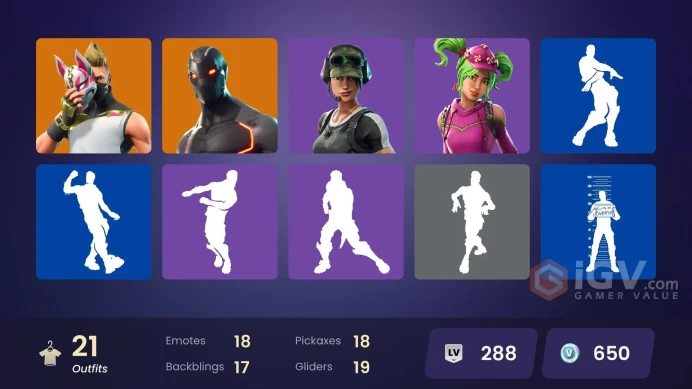 21 skins | Omega | Trailblazer | Dark Skully | Valor | Mizuki | Carbide | Drift | Renzo the Destroyer | The Visitor | Zoey | Redline