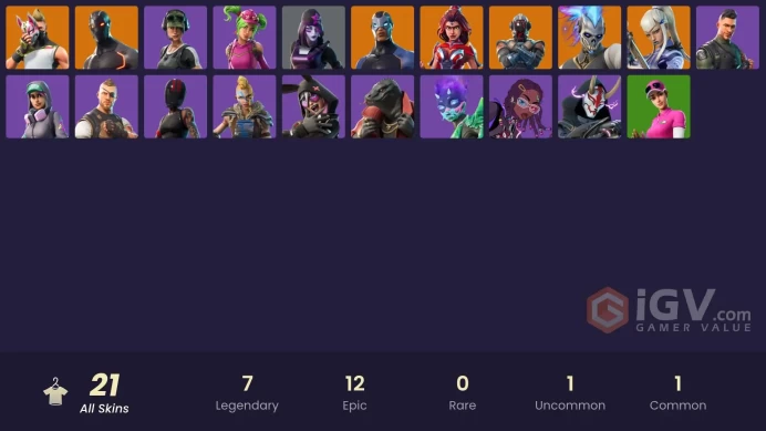 21 skins | Omega | Trailblazer | Dark Skully | Valor | Mizuki | Carbide | Drift | Renzo the Destroyer | The Visitor | Zoey | Redline