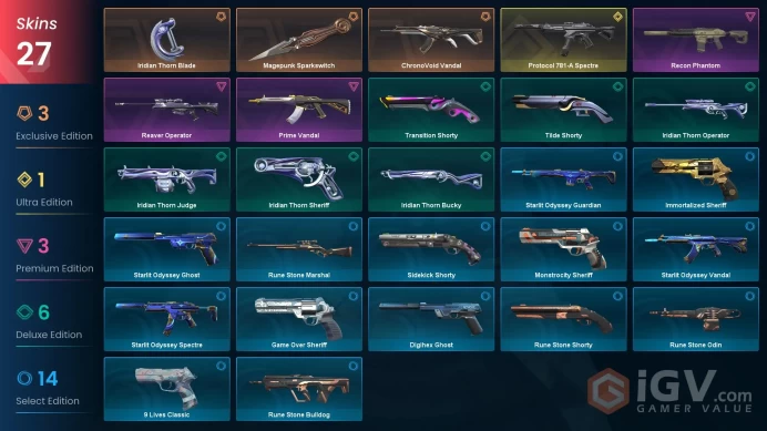 AP | 27 skins | Magepunk Sparkswitch | ChronoVoid Vandal | Prime Vandal | Iridian Thorn Blade | Protocol 781-A Spectre | Recon Phantom | Y2121