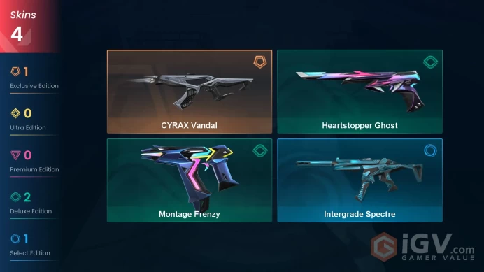EU | 4 skins | CYRAX Vandal | Heartstopper Ghost | Montage Frenzy | Intergrade Spectre | A8053
