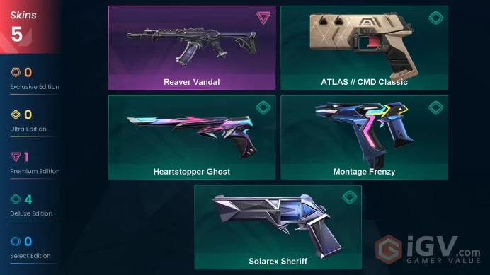 EU | 5 skins | Reaver Vandal | Montage Frenzy | ATLAS // CMD Classic | Solarex Sheriff | Heartstopper Ghost | V5732