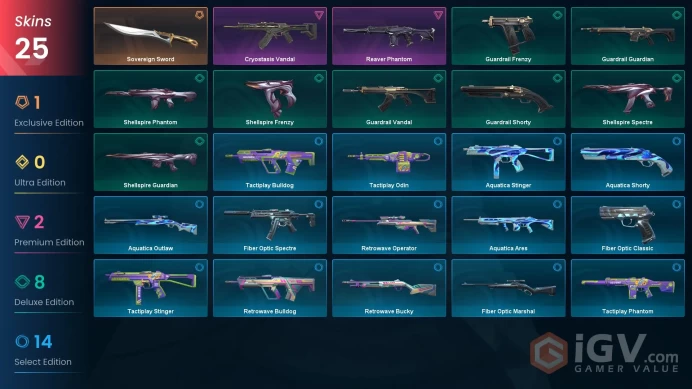 EU Full Access | 25 Skins Sovereign Sword + Cryostasis Vandal + Reaver Phantom + Shellspire Spectre + Tactiplay Phantom + more