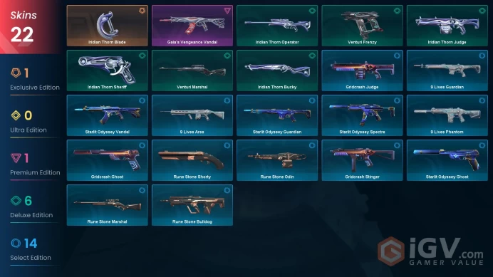 NA Full Access | 22 Skins Iridian Thorn Blade + Gaia's Vengeance Vandal + Starlit Odyssey Spectre + 9 Lives Phantom + more