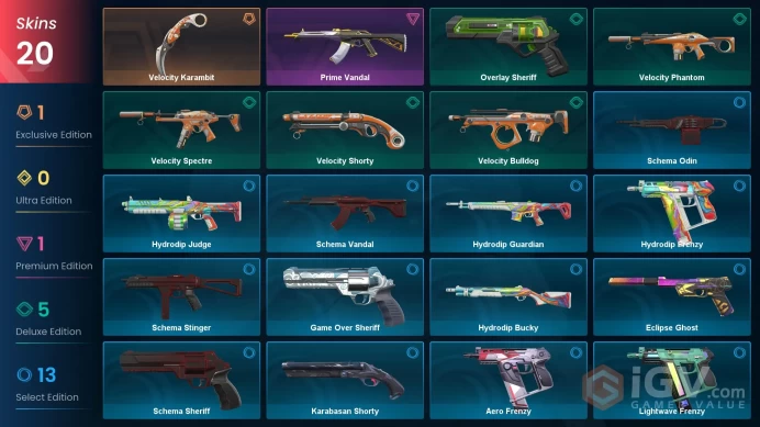 EU Full Access | 20 Skins Velocity Karambit + Prime Vandal + Overlay Sheriff + Schema Vandal + Aero Frenzy + more