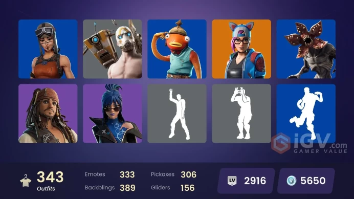 [ALL PLATFORMS]-343 Skin-304 pickaxes-332 emotes-Renegade Raider-Demogorgon-FULL ACCESS-350K V-BUCKS SPEND-
