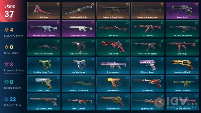 EU Full Access | 37 Skins .SYS Melee+Prelude to Chaos Vandal+Radiant Crisis 001 Phantom+Reaver Sheriff+Neptune Guardian+more