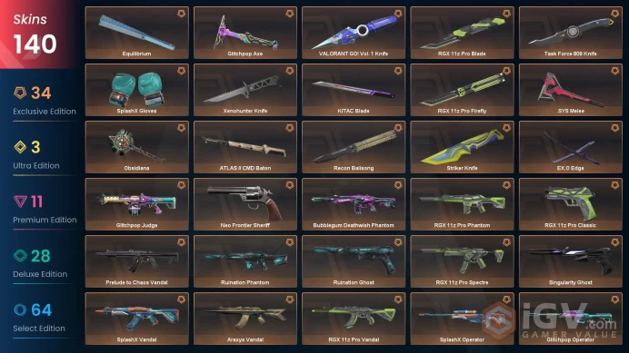 EU | 139 Skins | 13 Knives | 105,500 VP (€1000+) Spent | VALORANT GO! Vol. 1 Knife, Ruination Ghost + More Rare Skins