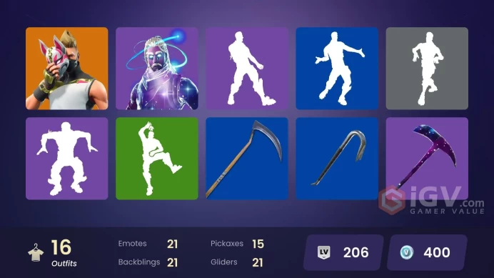 FA | 15 skins | Galaxy | Valkyrie | Ragnarok | Enforcer | Calamity | Drift | Fable | Giddy-up | Sun Strider | Sledgehammer | Rook | The Ace