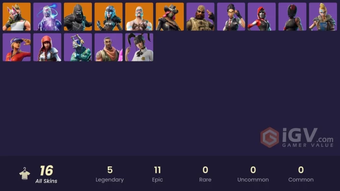 FA | 15 skins | Galaxy | Valkyrie | Ragnarok | Enforcer | Calamity | Drift | Fable | Giddy-up | Sun Strider | Sledgehammer | Rook | The Ace
