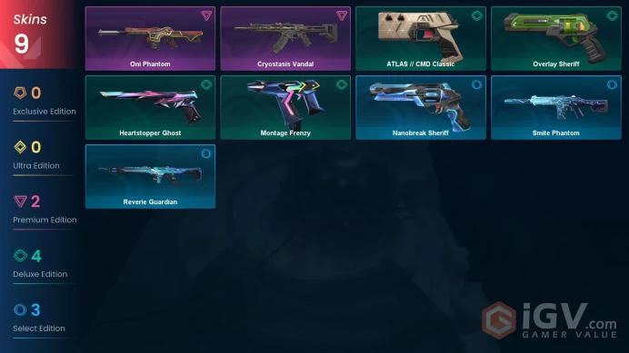 EU 9 skins | Oni Phantom | Cryostasis Vandal | Heartstopper Ghost | ATLAS // CMD Classic | Montage Frenzy | Overlay Sheriff | V0361