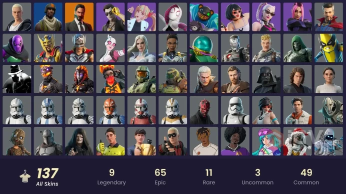 (PC PSN XBOX) 137 skins | Aerial Assault Trooper | Master Chief | Malik | The Origin | Snap | Twyn | Paradigm (Reality-659) | John Wick | Son Go
