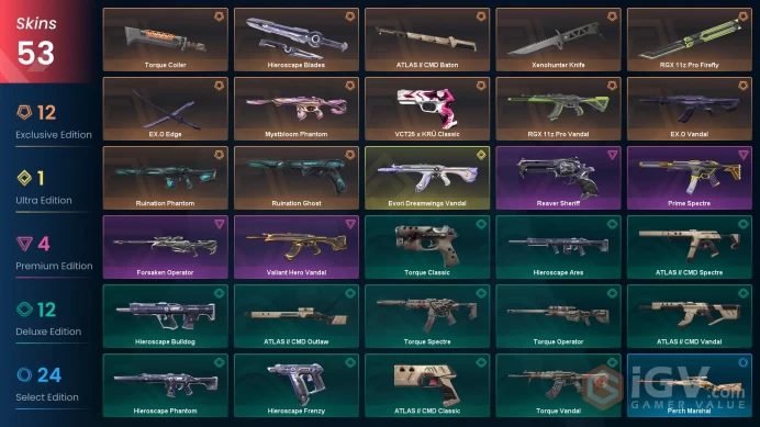 EU 53 skins | Evori Dreamwings Vandal | Xenohunter Knife | Ruination Ghost | EX.O Edge | EX.O Vandal | Hieroscape Blades | V0389