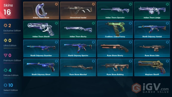 EU Full Access | 16 Skins Iridian Thorn Blade + ChronoVoid Vandal + Starlit Odyssey Spectre + Rune Stone Bulldog + Wayfarer Sheriff + more