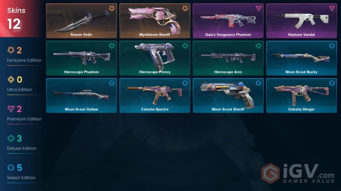 EU Full Access | 12 Skins Reaver Knife + Neptune Vandal + Gaia's Vengeance Phantom + Mystbloom Sheriff + Celestia Spectre + more
