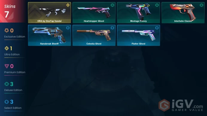 EU | 7 skins | ORA by OneTap Vandal | Interhelm Classic | Heartstopper Ghost | Montage Frenzy | Celestia Ghost | Nanobreak Sheriff | S9848