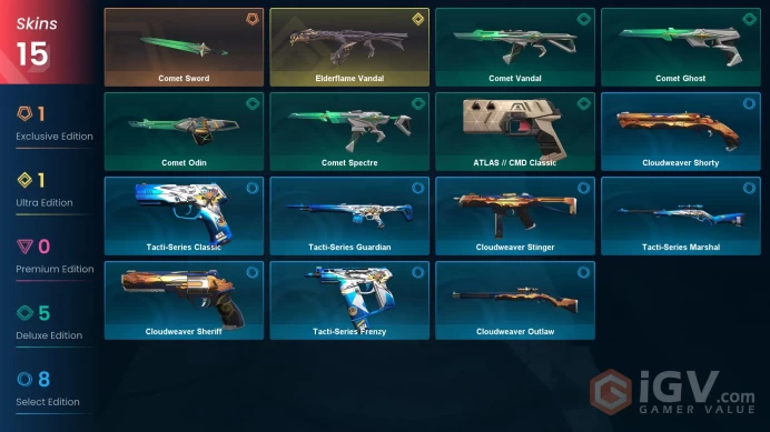 EU | 15 skins | Elderflame Vandal | Comet Sword | ATLAS // CMD Classic | Comet Odin | Comet Vandal | Comet Spectre | Comet Ghost | K4256