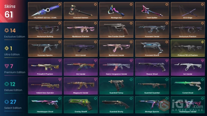 NA | 61 skins | Protocol 781-A Phantom | VALORANT GO! Vol. 1 Knife | Kuronami Vandal | EX.O Vandal | EX.O Edge | Neo Frontier Sheriff | S1821