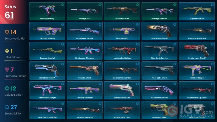 NA | 61 skins | Protocol 781-A Phantom | VALORANT GO! Vol. 1 Knife | Kuronami Vandal | EX.O Vandal | EX.O Edge | Neo Frontier Sheriff | S1821