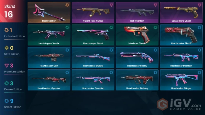 EU | 16 skins | Valiant Hero Vandal | Heart Splitter | Bolt Phantom | Valiant Hero Ghost | Heartstopper Ghost | Interhelm Classic | G5245